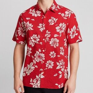 GAP Mens XL Red Floral Print Button Down Short Sleeve Shirt